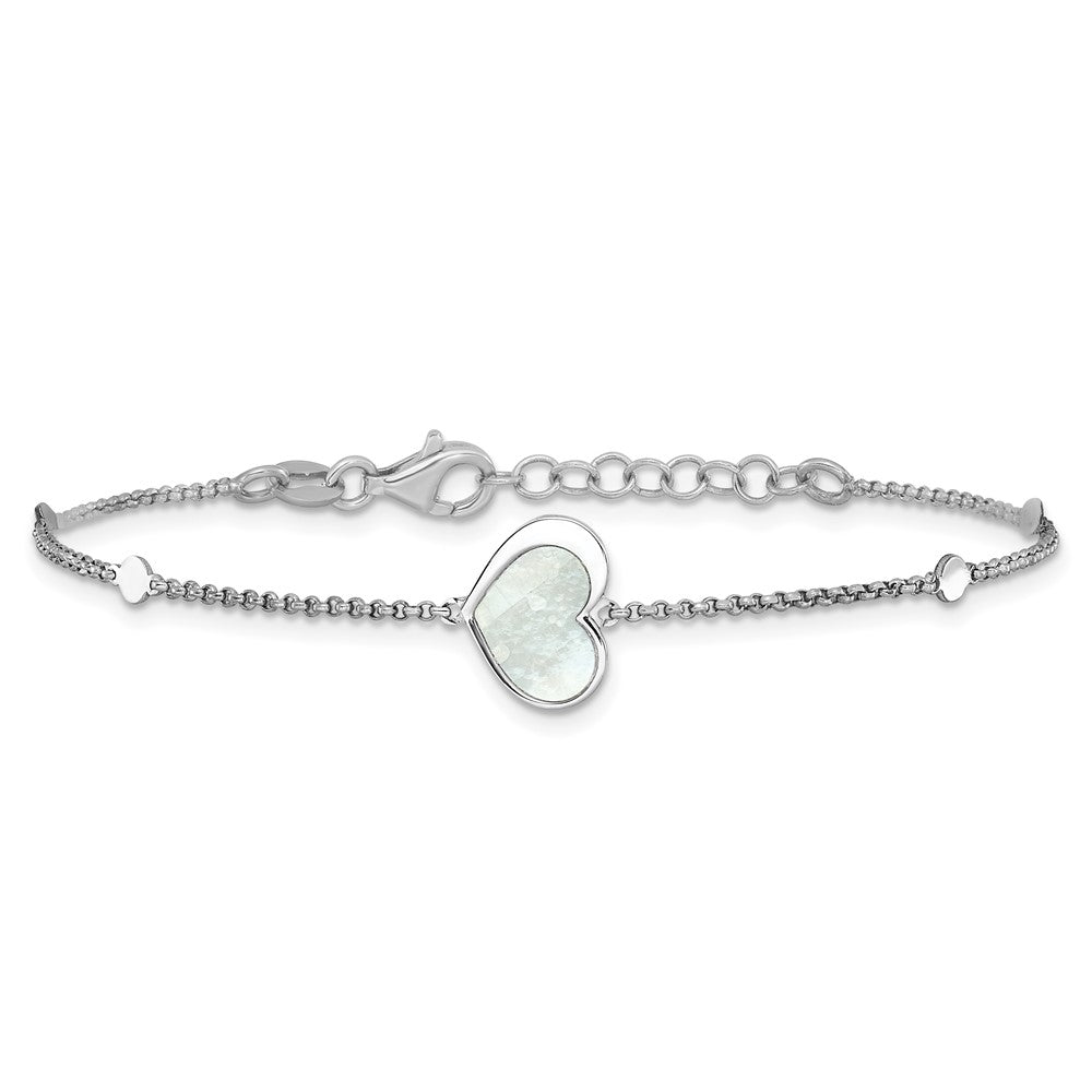 Sterling Silver Rhod-plated Mother of Pearl Heart 6.5in w/1in ext Bracelet 7.5 inches