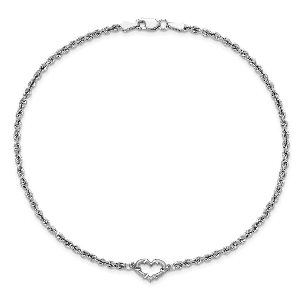 10k White Gold Diamond-cut Hollow Rope with Heart 9in Anklet