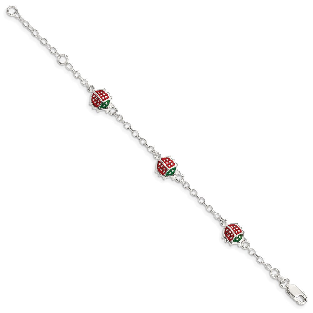 Sterling Silver Multi-color Enamel Ladybugs w/ 1in ext. Children's Bracelet 6 inches