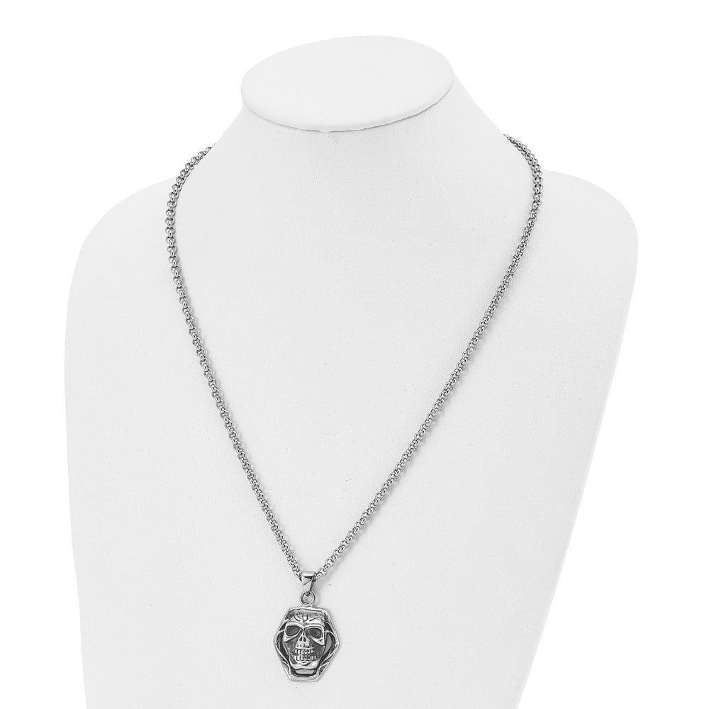 Stainless Steel Antiqued and Polished Skull 24in Necklace