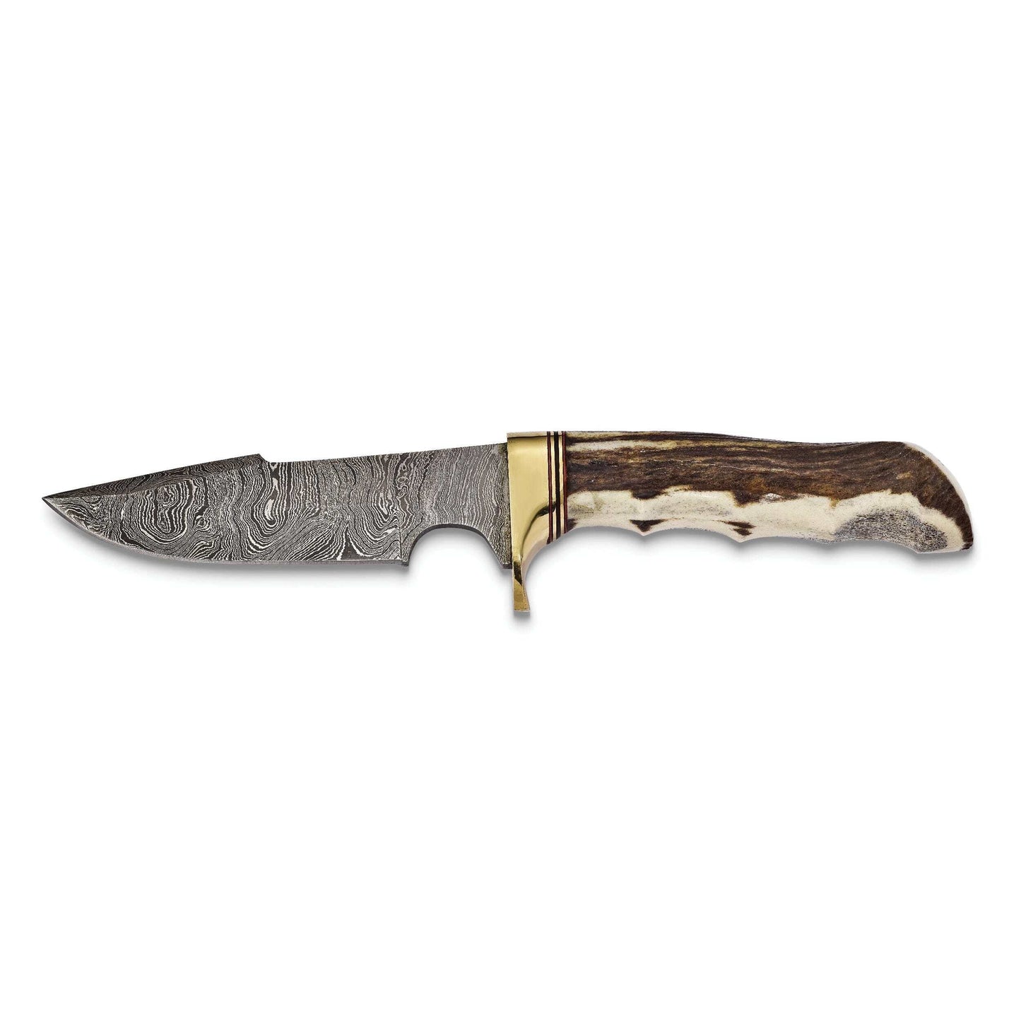 Luxury Giftware Damascus Steel 256 Layer Fixed Blade Staghorn Handle Knife with Leather Sheath and Gift Box QKN5070