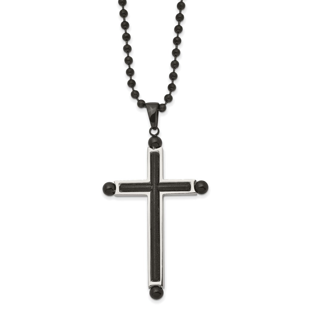 Stainless Steel Polished and Textured Black IP-plated Cross 24in Necklace