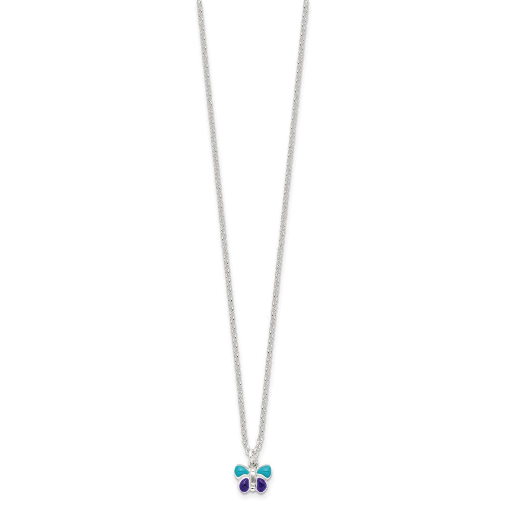 Sterling Silver Polished Blue & Purple Enameled Butterfly with 1.5inch Extension Children's Necklace 15 Inches
