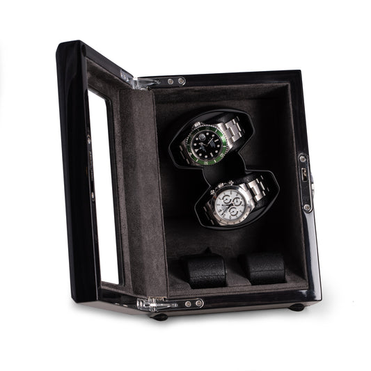 Ash wood high lacquer two watch winder and two watch storage case with glass top