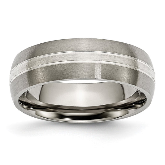 Titanium Brushed/Polished w/Sterling Silver Inlay 7mm Grooved Band Size - 10