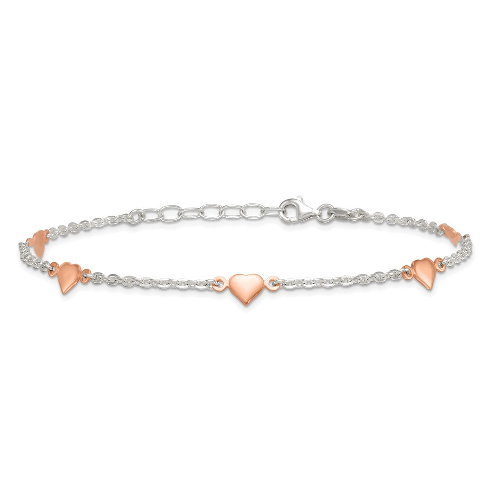 Sterling Silver with Rose-tone Polished Hearts 5-Station 9 inch with 1 inch Extension Anklet
