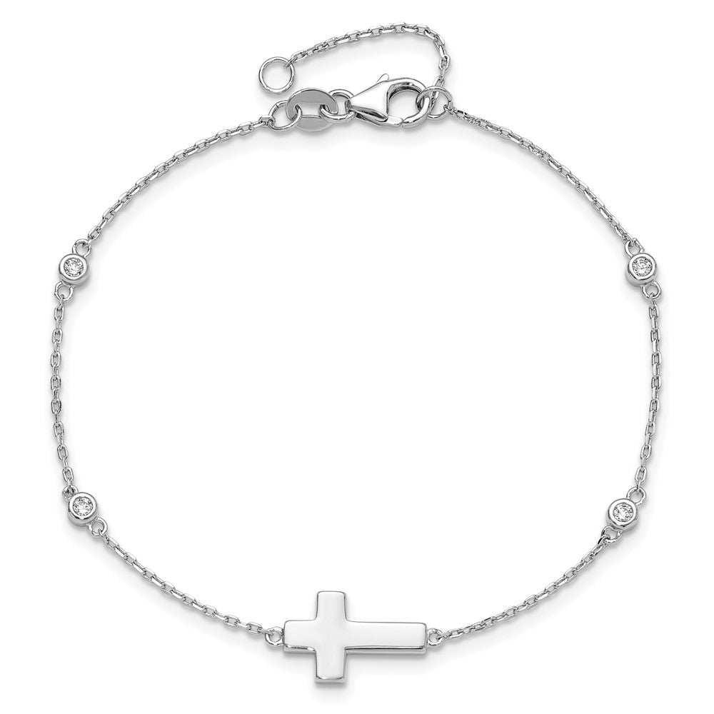 Sterling Silver Rhodium-plated CZ Sideways Cross 8in w/1in ext. Bracelet
