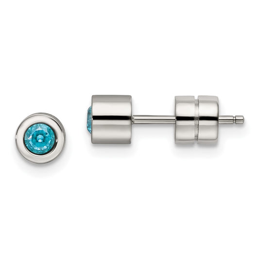 Stainless Steel Polished Blue CZ March Birthstone Post Earrings