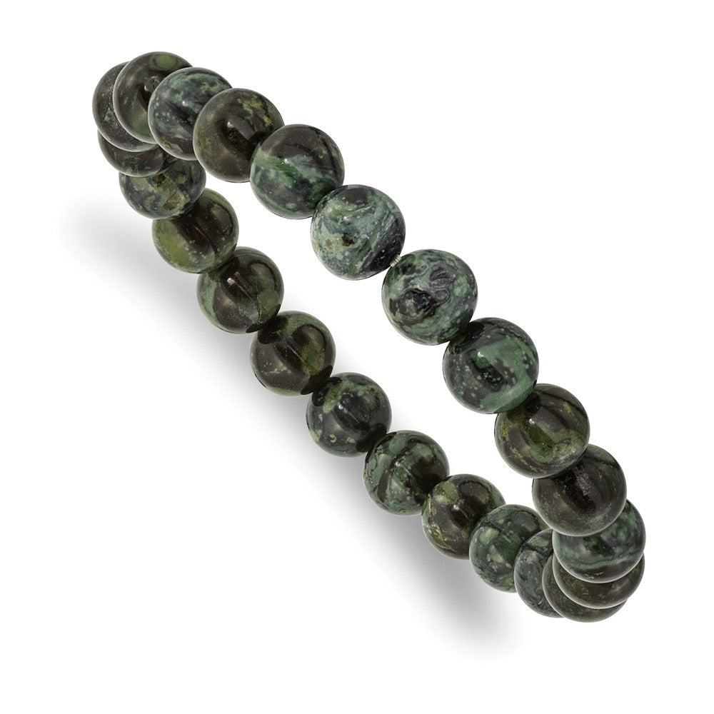 Beaded Stretch Green Eye Agate Bracelet 7 inches