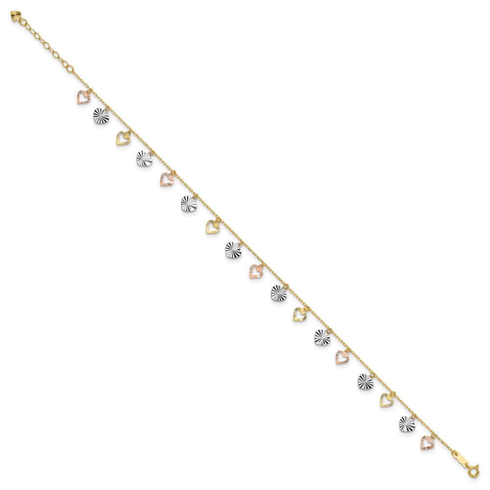 14K Tri-Color Heart 9in Plus 1in ext  Anklet 9 inches
