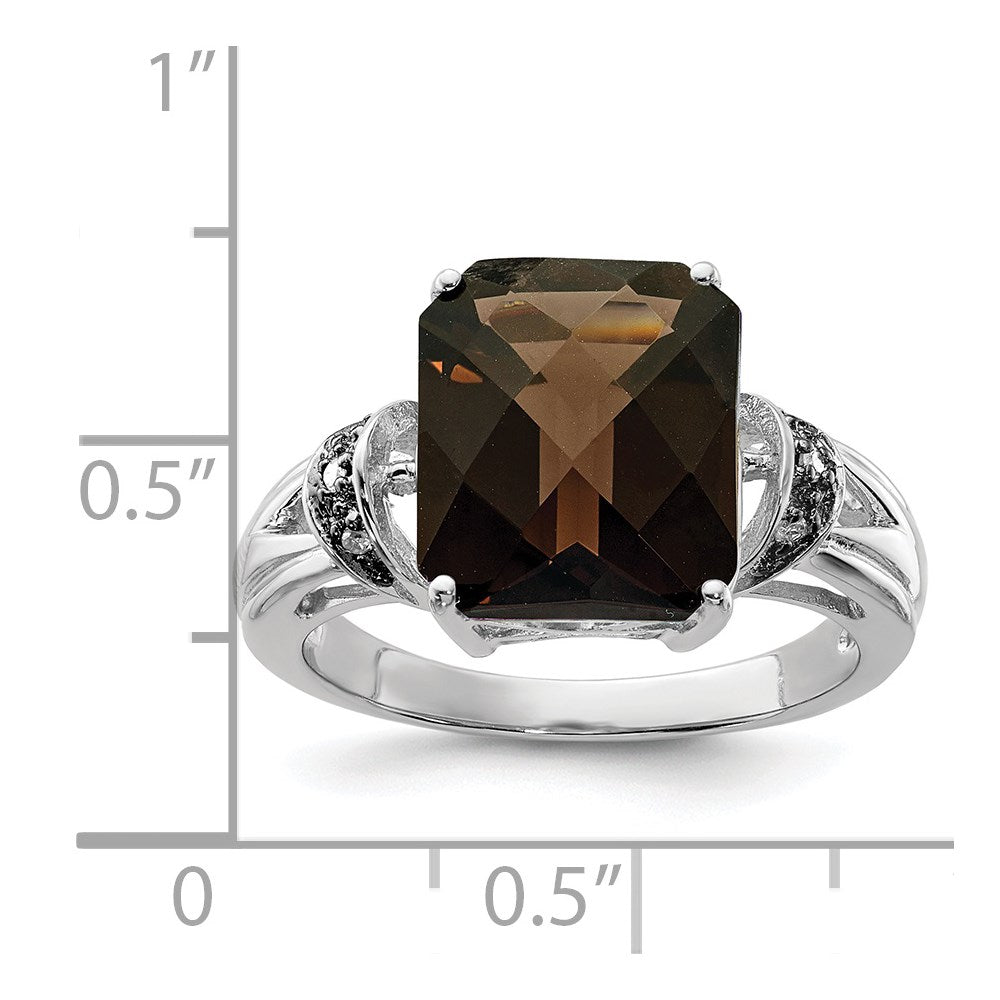 Sterling Silver Rhodium Octagonal Checker-Cut Smoky Quartz & Diam. Ring