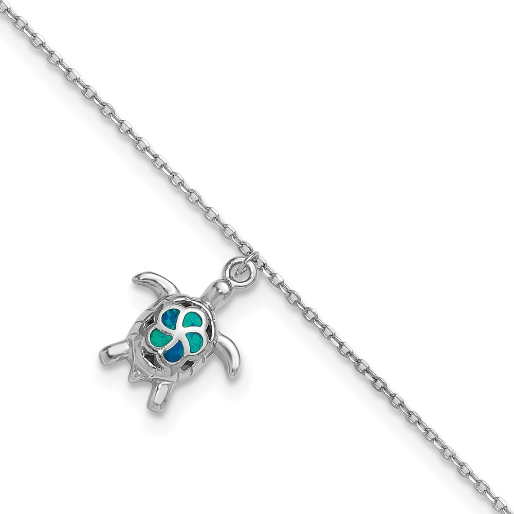 Sterling Silver Rhodium-plated Polished Created Opal Turtle 9 inch with a 1 inch Extention Anklet