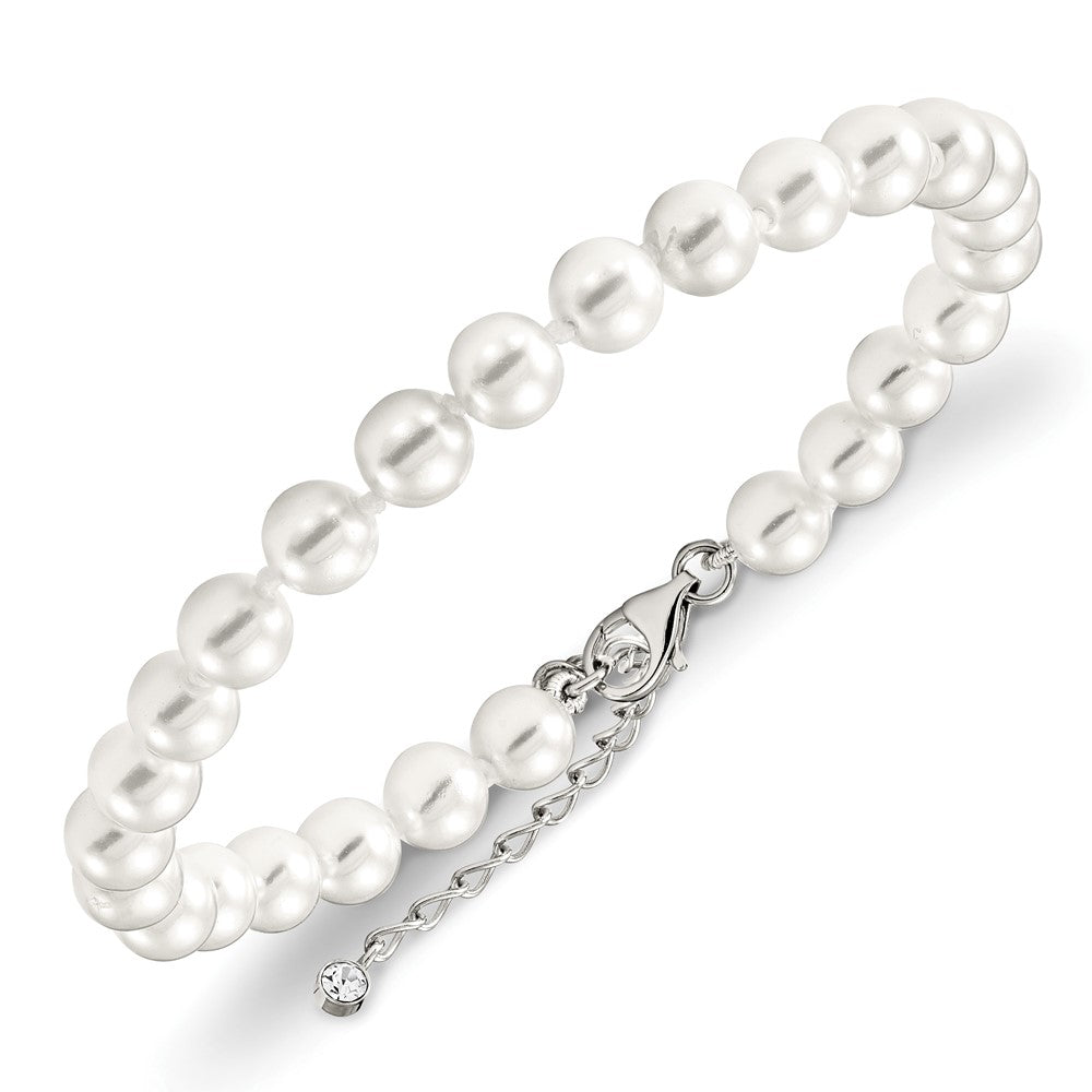Majestik Sterling Silver Rhodium-plated 7-8mm Imitation Shell Pearl and CZ 8.5 inch Anklet with 2 inch Extender 8.5 inches
