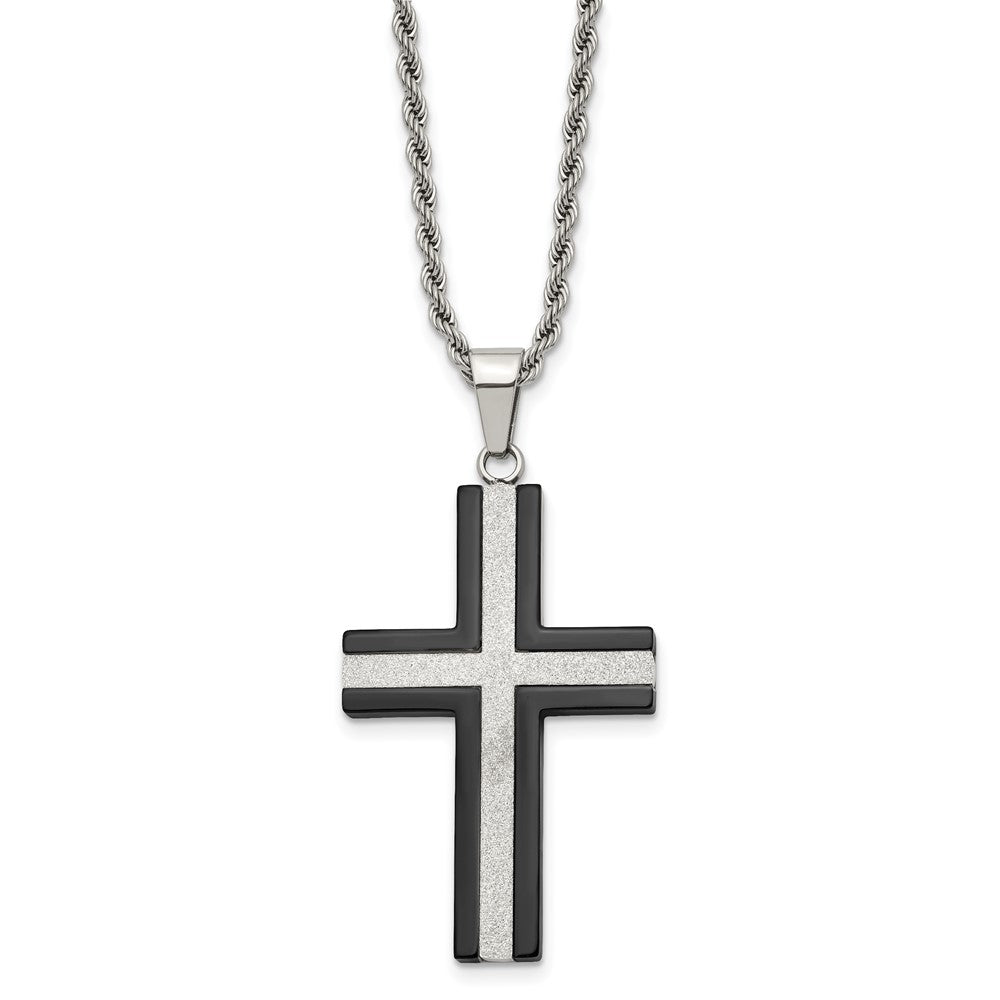 Stainless Steel Polished Black IP-plated Laser Cut Cross 24in Necklace