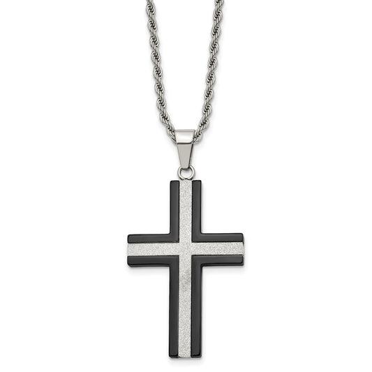 Stainless Steel Polished Black IP-plated Laser Cut Cross 24in Necklace