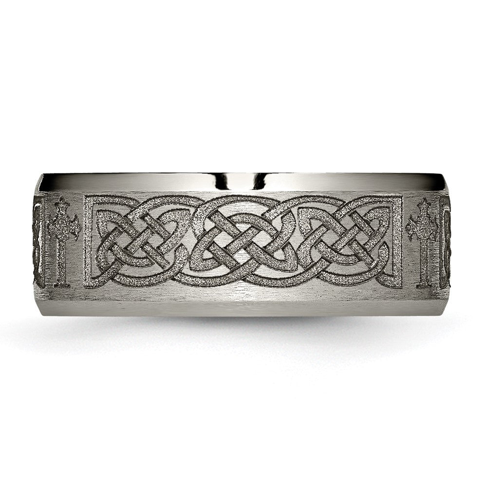 Titanium Brushed & Polished Cross Laser Design 8mm Beveled Edge Band Size - 12.5