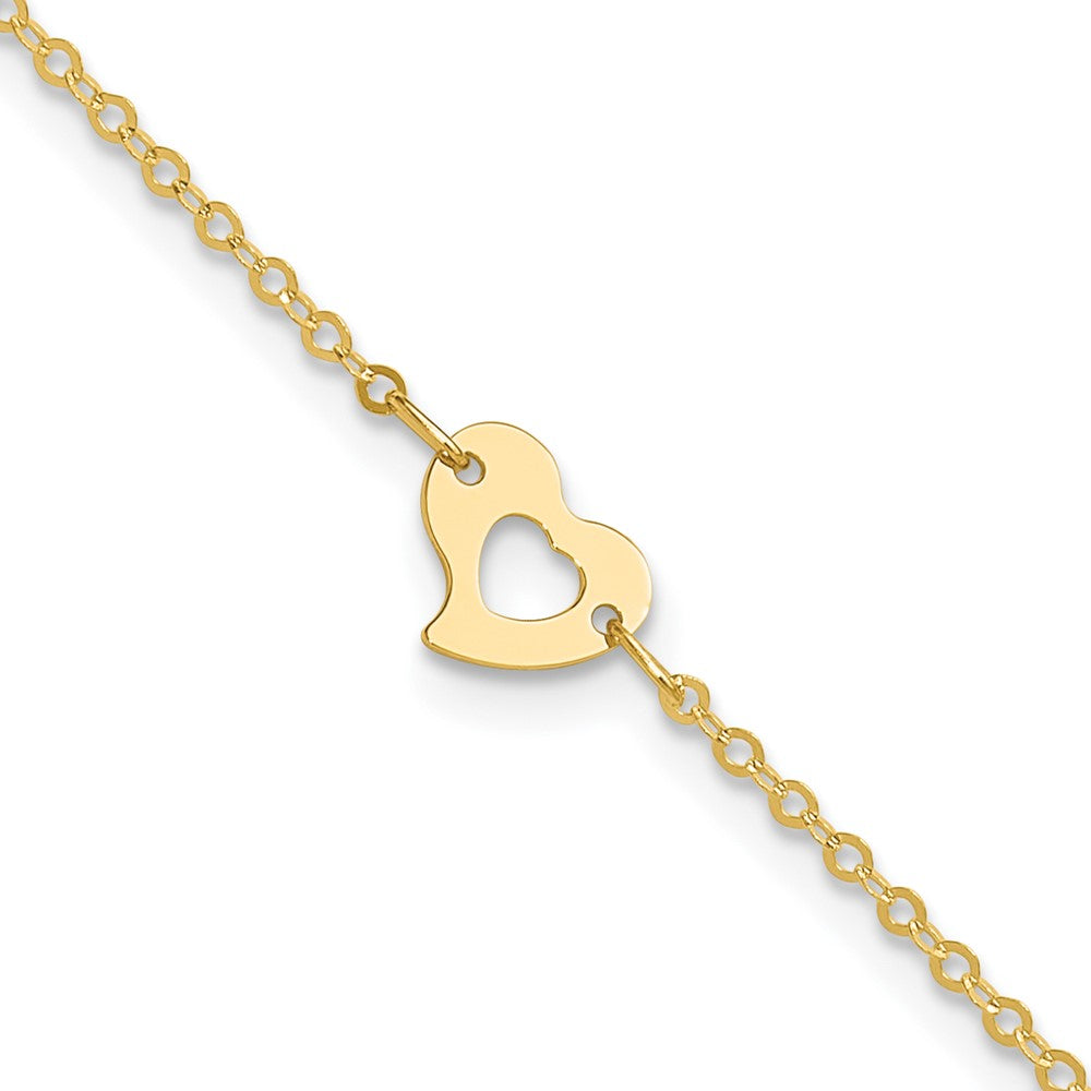 14k Polished Heart 9in Plus 1in ext Anklet 10 inches