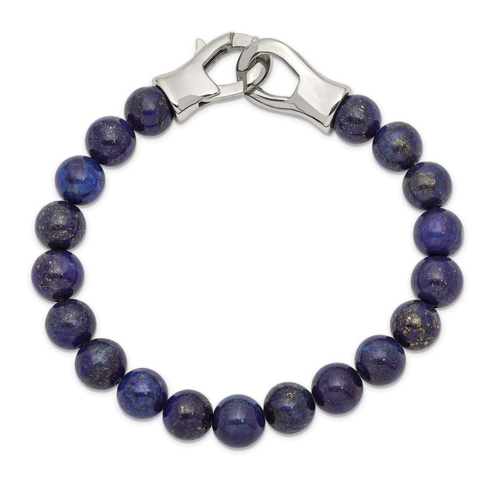Stainless Steel Polished Genuine Lapis Beaded 9in Bracelet 9 inches