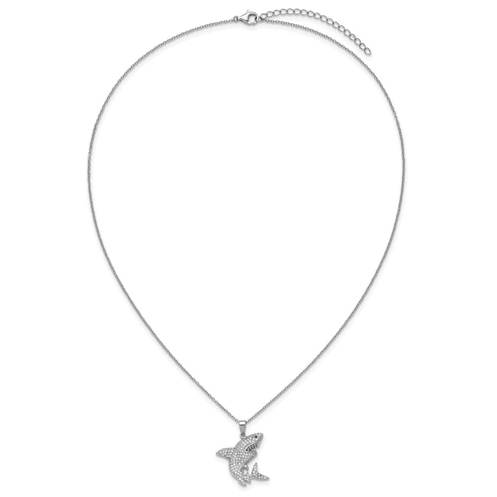Cheryl M Sterling Silver Rhodium-plated Polished Lab Created Black Spinel and CZ Shark with 2 Inch Extension Necklace 18 Inches