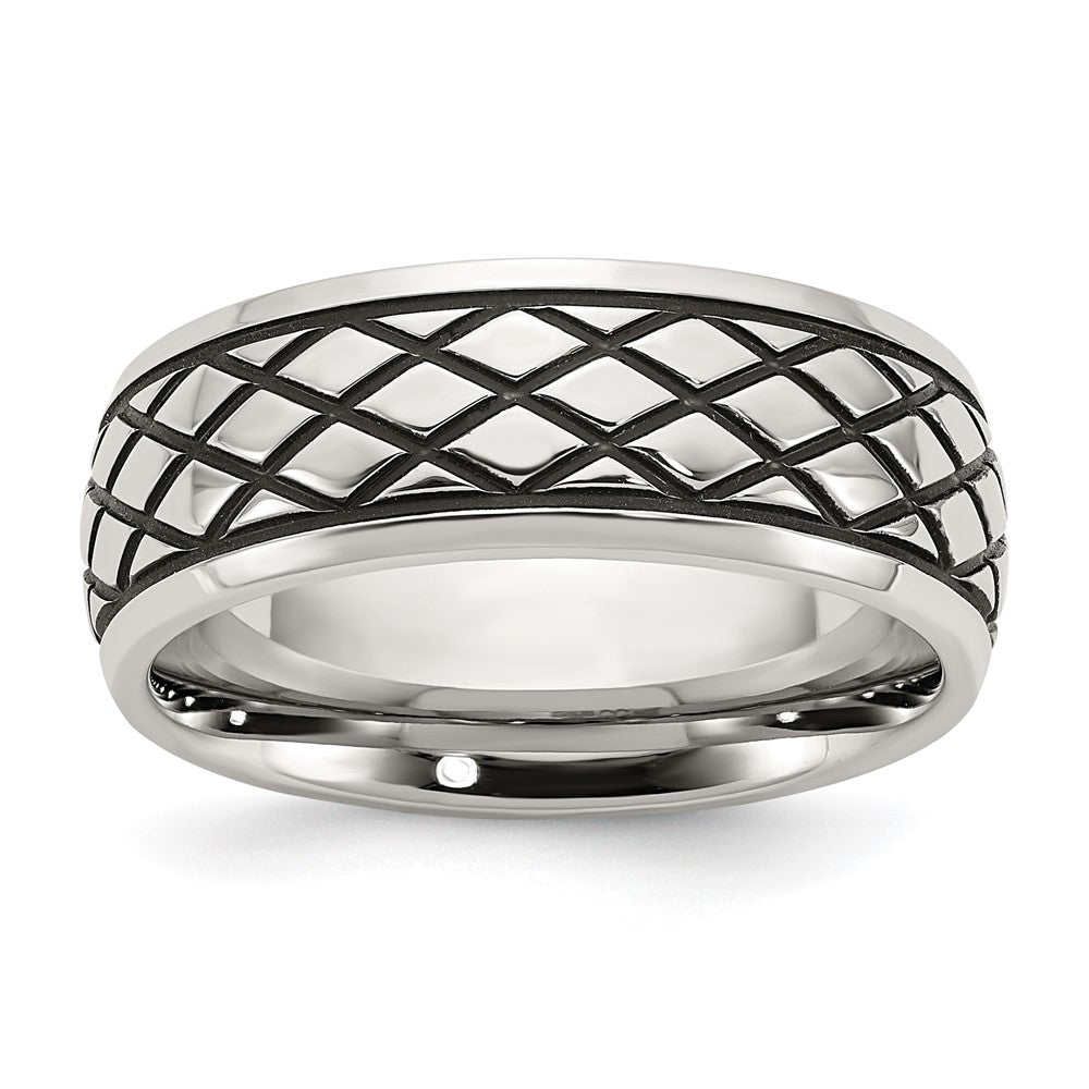 Stainless Steel Polished and Antiqued Checkered Pattern 8mm Band Size - 9.5