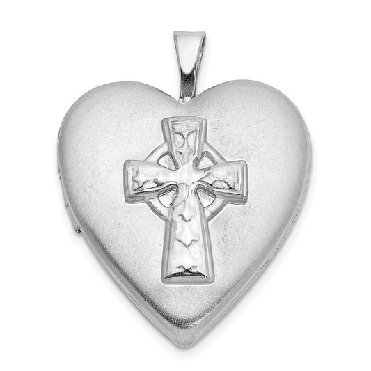 Sterling Silver Rhodium-plated Polished & Satin Cross Heart Locket