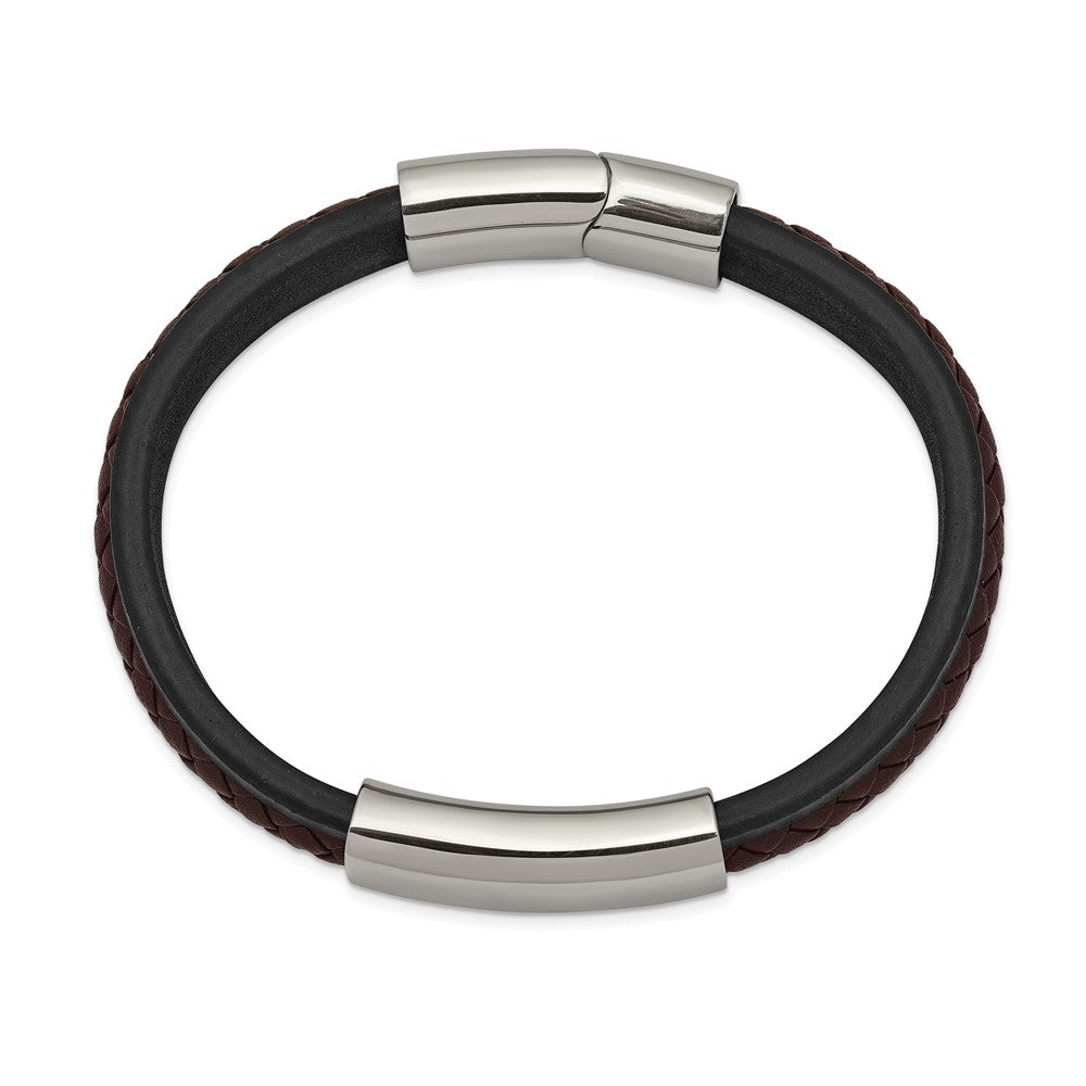 Stainless Steel Polished Black & Brown Braided Leather 8.25in ID Bracelet 8.25 inches