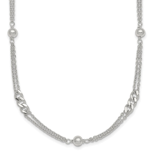 Sterling Silver Polished and Beaded Fancy Double-Strand Link 17.5 inch Necklace
