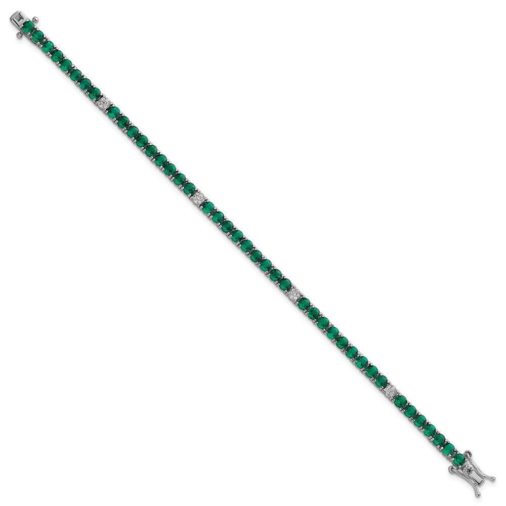 Sterling Silver Rhodium-plated Polished Round Green and White CZ 7 Inch Bracelet
