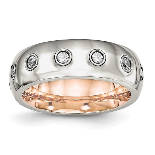 Stainless Steel Polished Rose IP-plated Inside w/CZ Half Round 7mm Band Size - 6