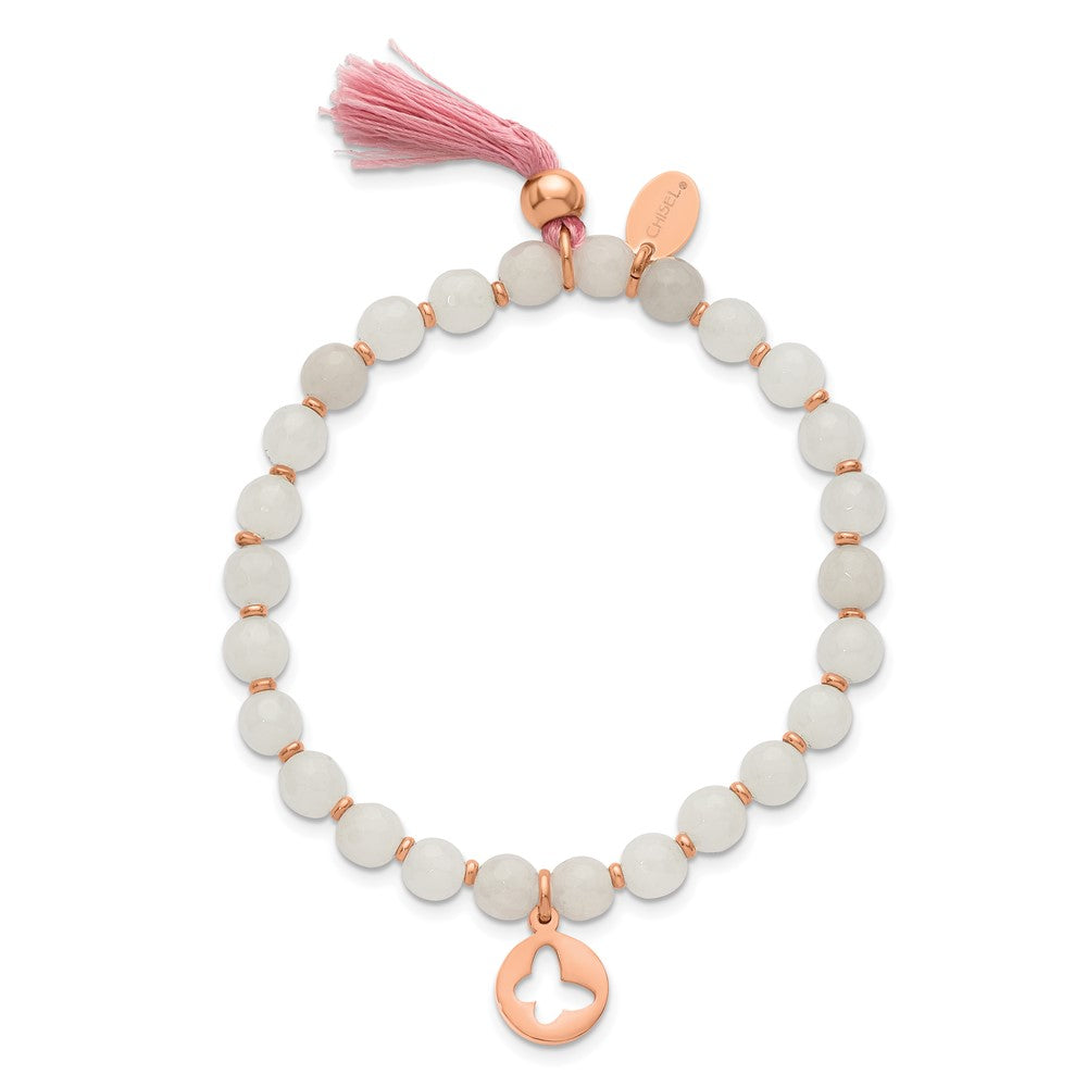 Stainless Steel Polished Rose IP Butterfly Pink Agate Beaded Stretch Bracel 6.25 inches