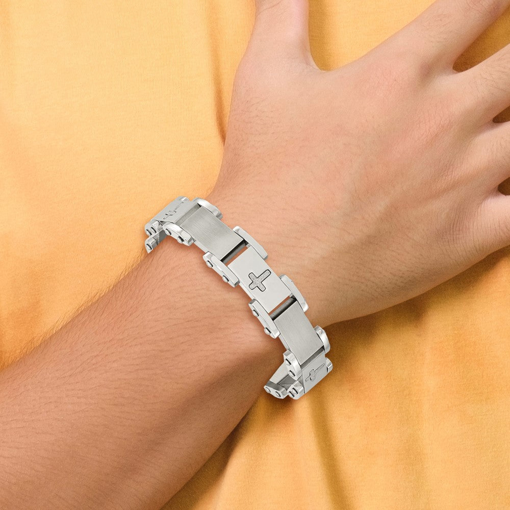 Stainless Steel Brushed Polished and Laser Cut Crosses 8.75in Bracelet 8.75 inches