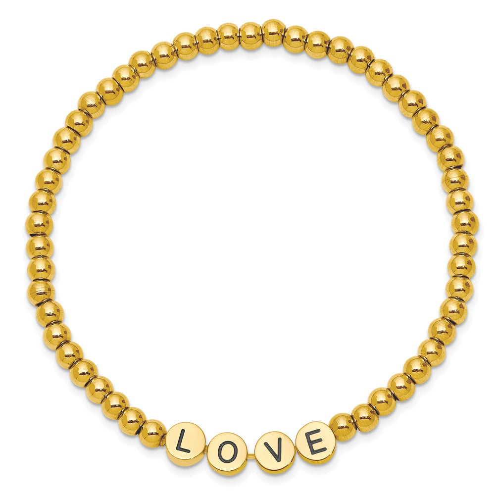Stainless Steel Antiqued and Polished Yellow IP LOVE Stretch Bracelet