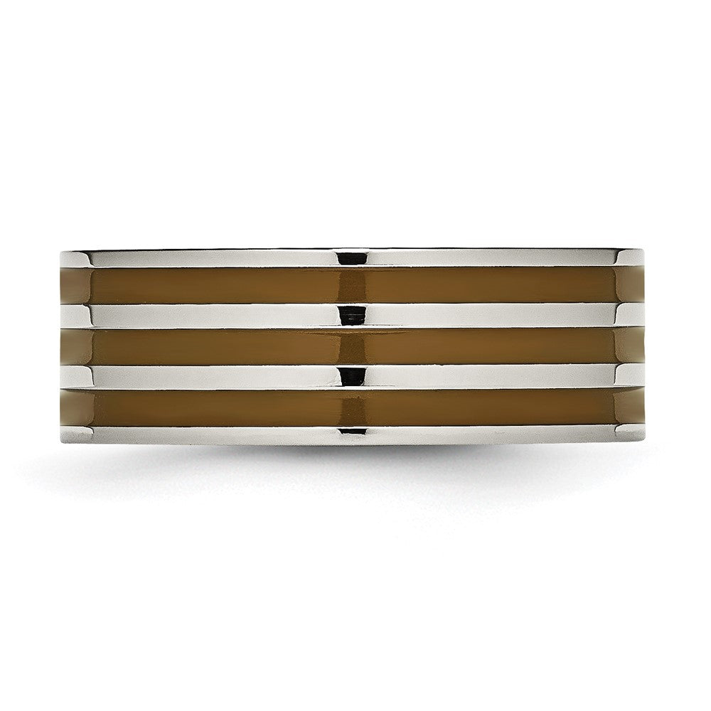 Titanium Polished Brown Enamel Striped 8mm Flat Band Size - 13