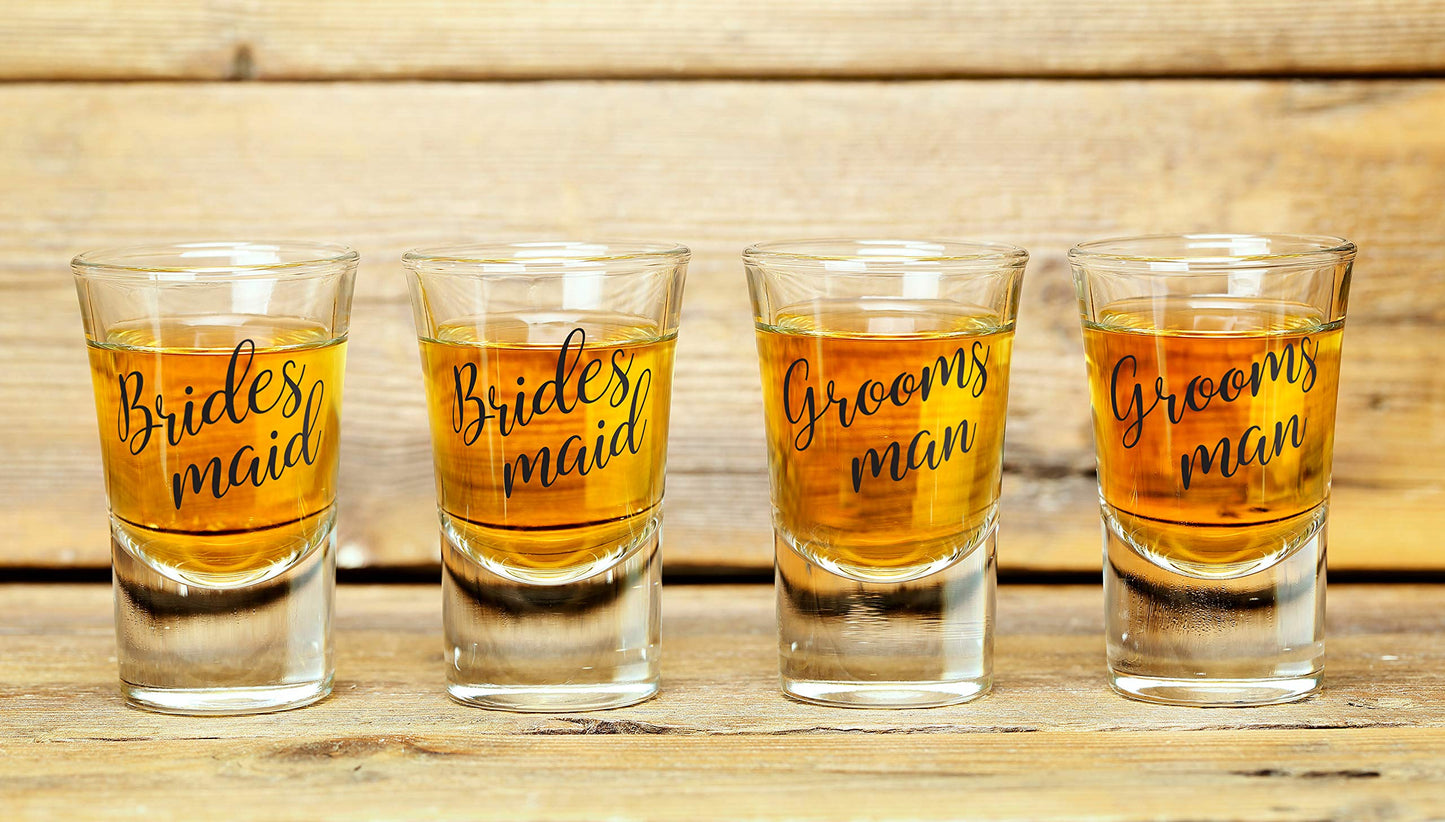 Lillian Rose Set of 2 Bridesmaid and 2 Groomsman Shot Glasses, 4 Count (Pack of 1), Clear