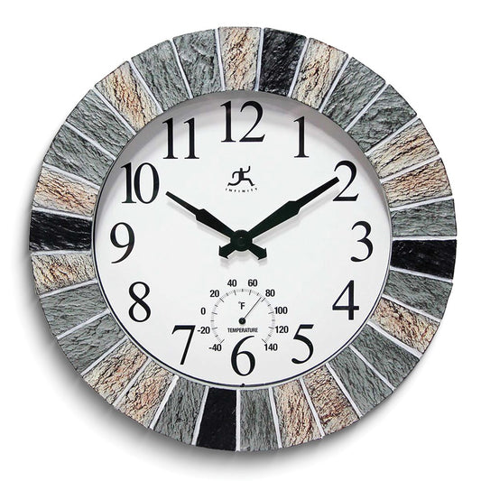 Faux Slate Stone Indoor and Outdoor Wall Clock with Thermometer