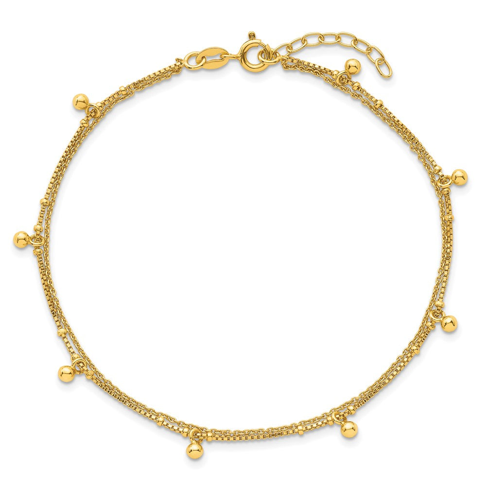 Sterling Silver Gold-tone Polished and Beaded Double Strand 9 inch with 1 inch Extension Anklet