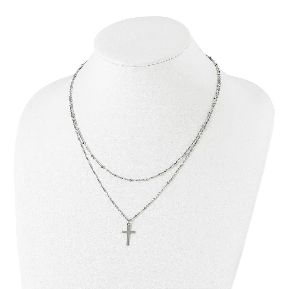 Stainless Steel Polished 2-Strand Cross with 1in ext. 18.25in Necklace
