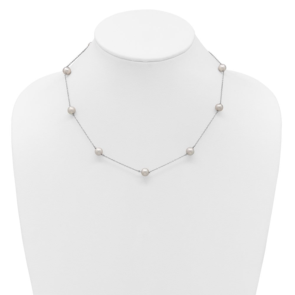 Sterling Silver Rhodium-plated 7-8mm Grey Semi-Round Freshwater Cultured Pearl 9-Station 18 inch Necklace 18 Inches