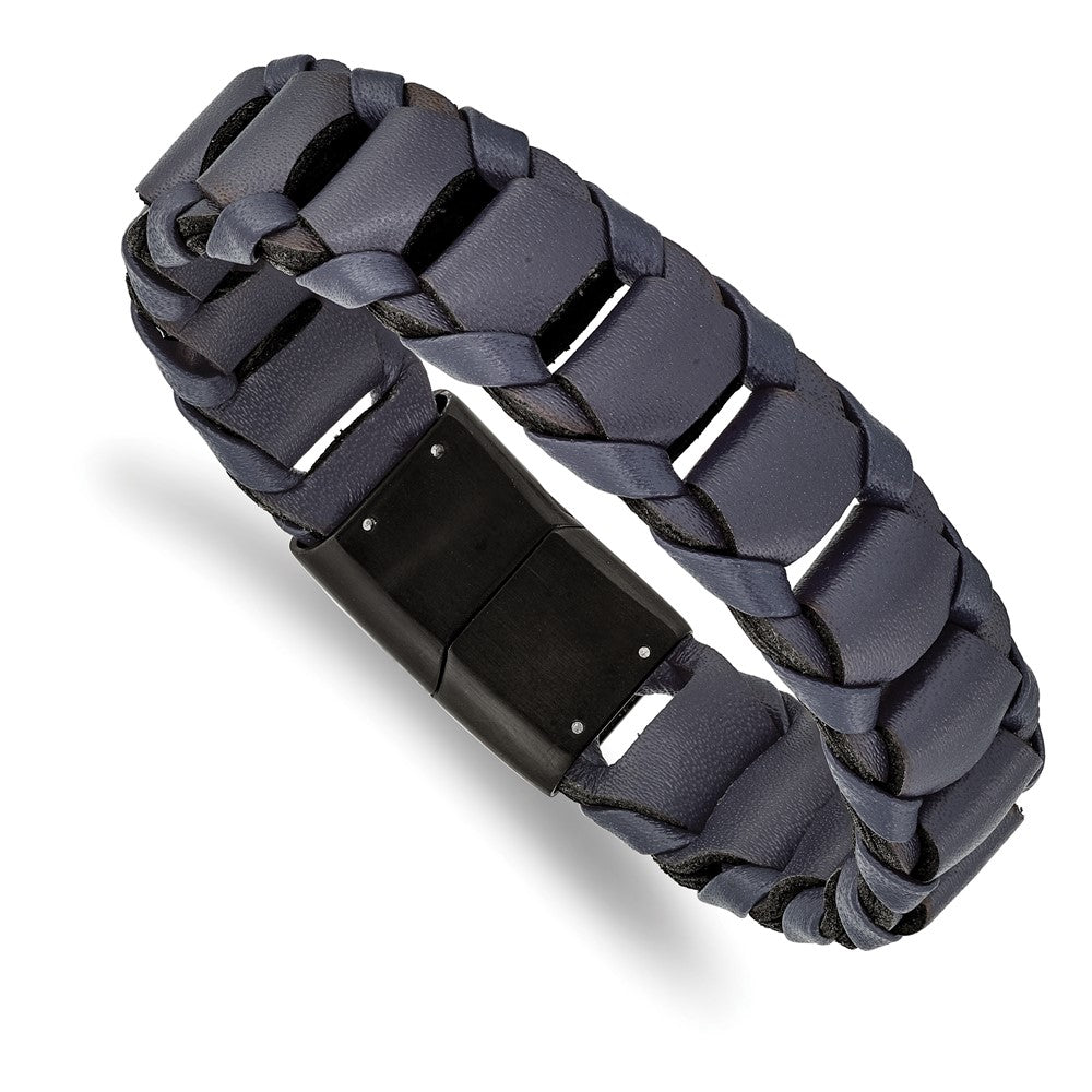 Stainless Steel Brushed Black IP-plated Blue Leather 8.5in Bracelet 8.5 inches