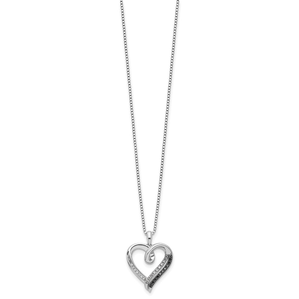 White Night Sterling Silver Rhodium-plated Black and White Diamond Heart 18 Inch Necklace with 2 Inch Extender 18 Inches