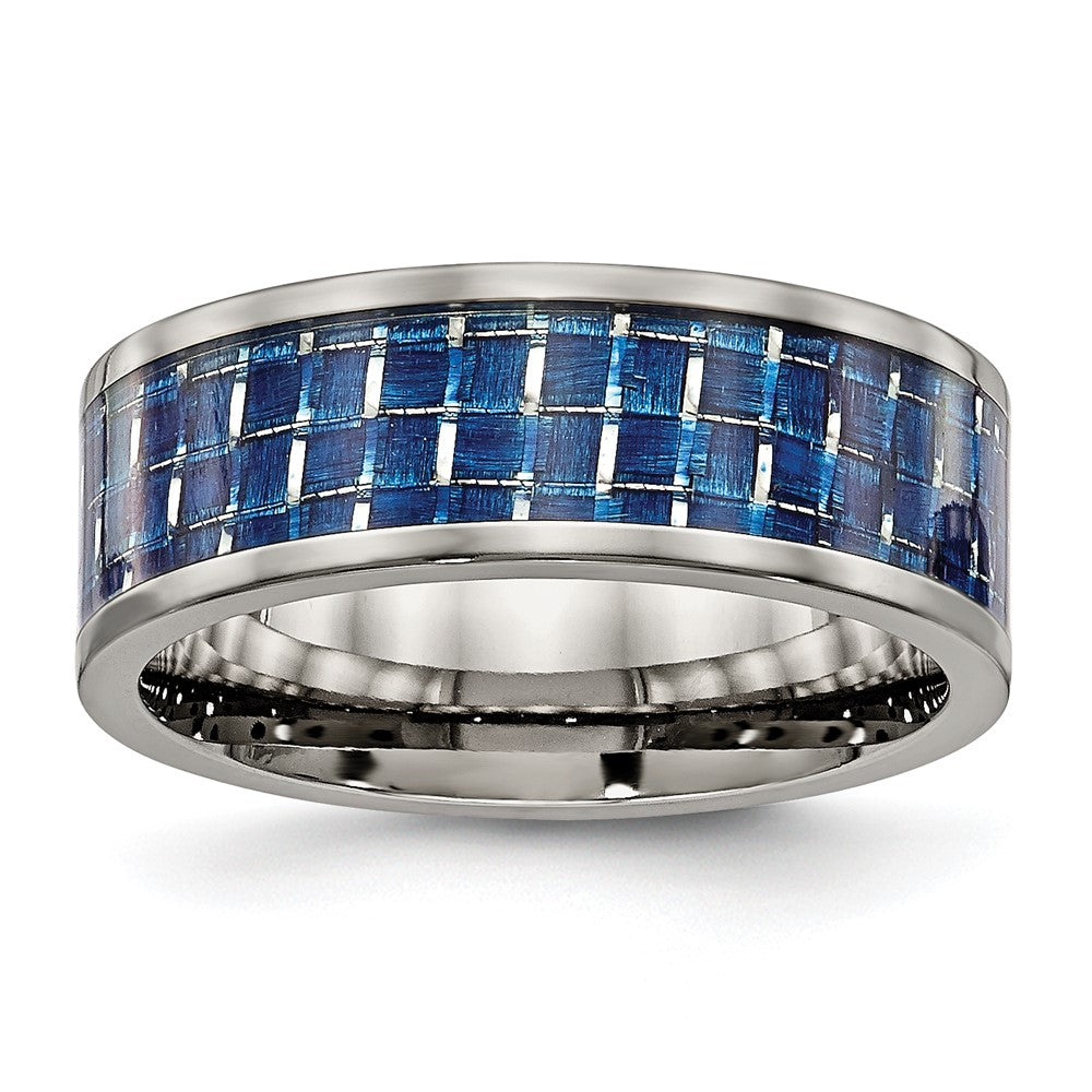 Titanium Polished w/Blue Carbon Fiber Inlay 8mm Flat Band Size - 8.5