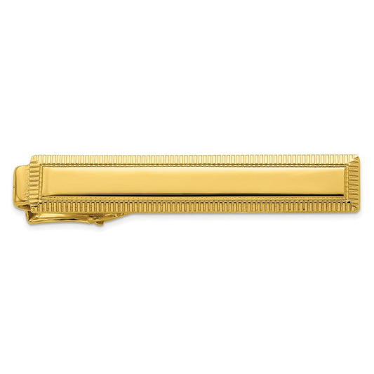 Gold Plated Solid Polished Florentine Engravable (front only) Lined Edge Tie Bar 48x7mm Wide-Tie Clip for Men