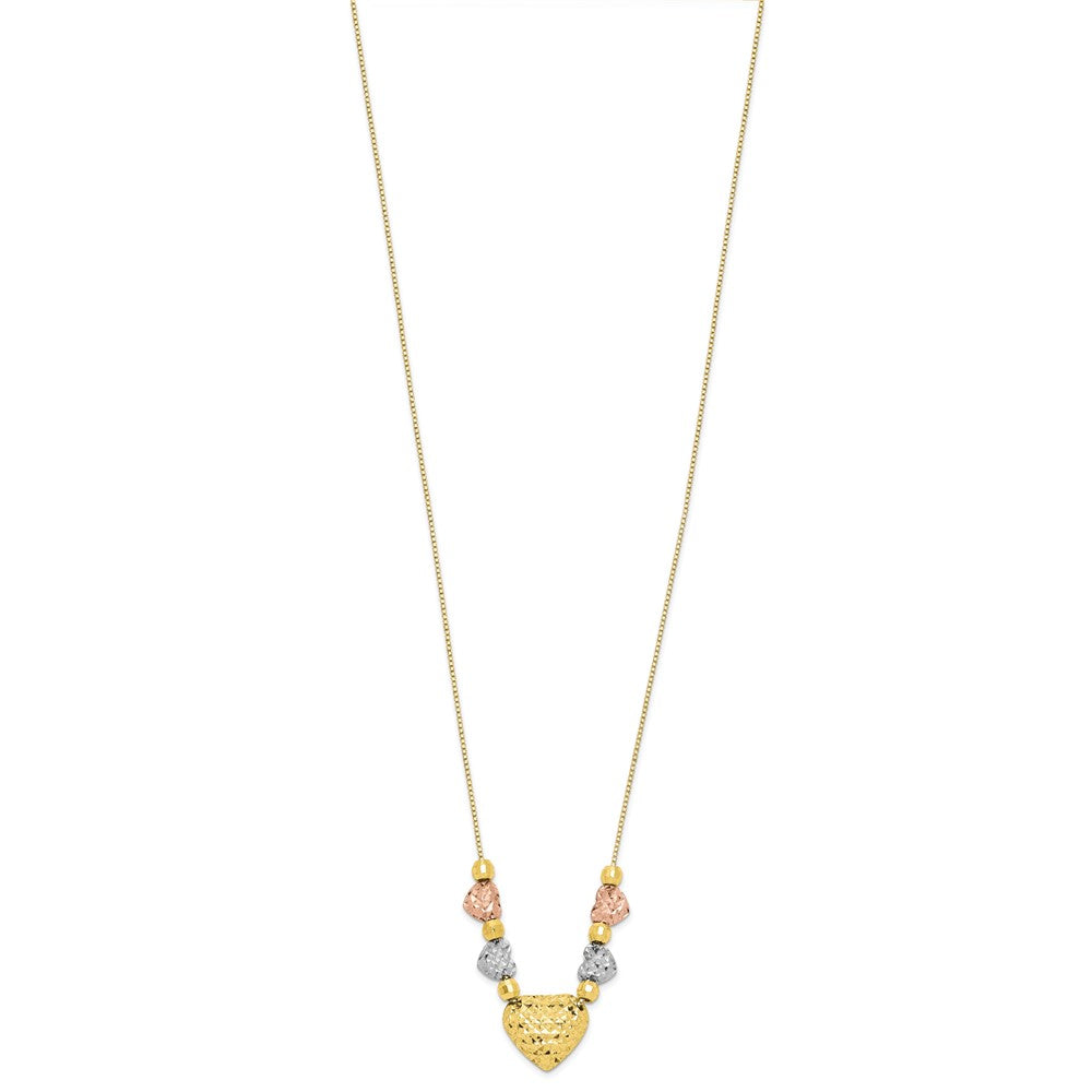 10K Tri-Color Puff & Flat hearts Necklace