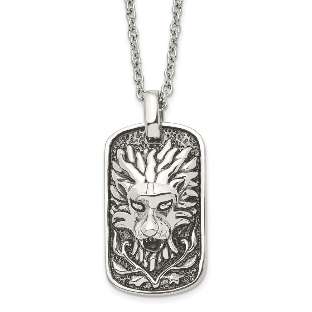 Stainless Steel Antiqued and Polished Lion Dog Tag 22in Necklace