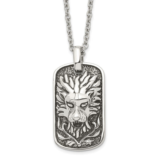 Stainless Steel Antiqued and Polished Lion Dog Tag 22in Necklace