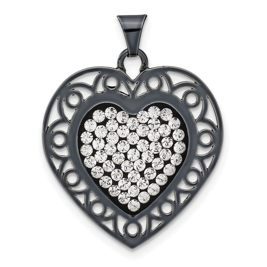 Sterling Silver Black Ceramic-plated Crystal Heart Pendant
