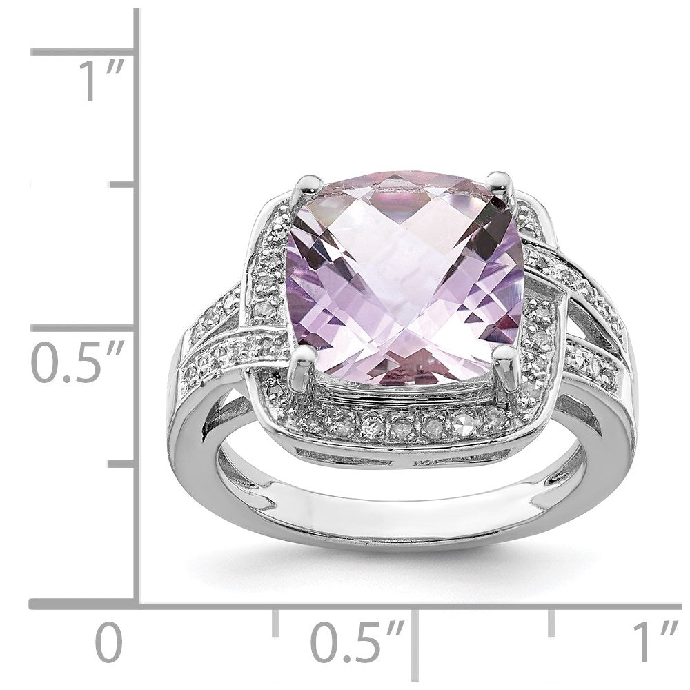 Sterling Silver Rhodium Checker-Cut Pink Quartz & Diam. Ring