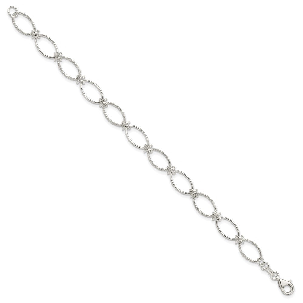 Sterling Silver Polished Textured Fancy Oval Link Bracelet 7.5 inches