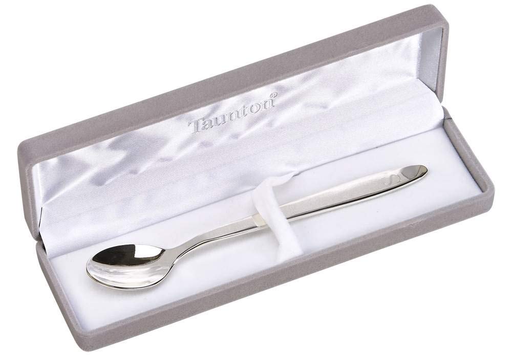 BABY FEEDING SPOON W/ GREY FLOCKED BOX, SILVER PLATED.