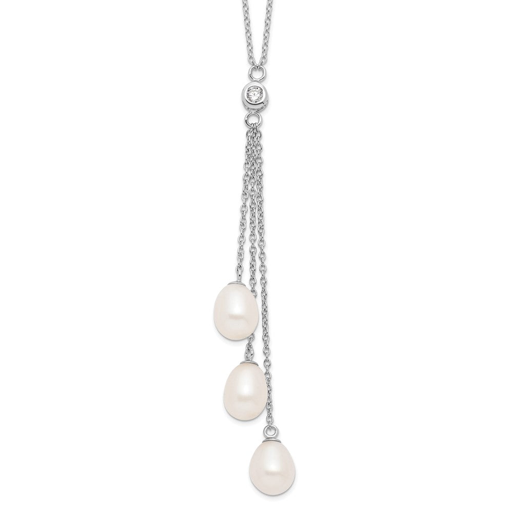 Sterling Silver Rhodium-plated 7-8mm White Teardrop Freshwater Cultured Pearl and CZ Drop 18 inch Necklace 18 Inches